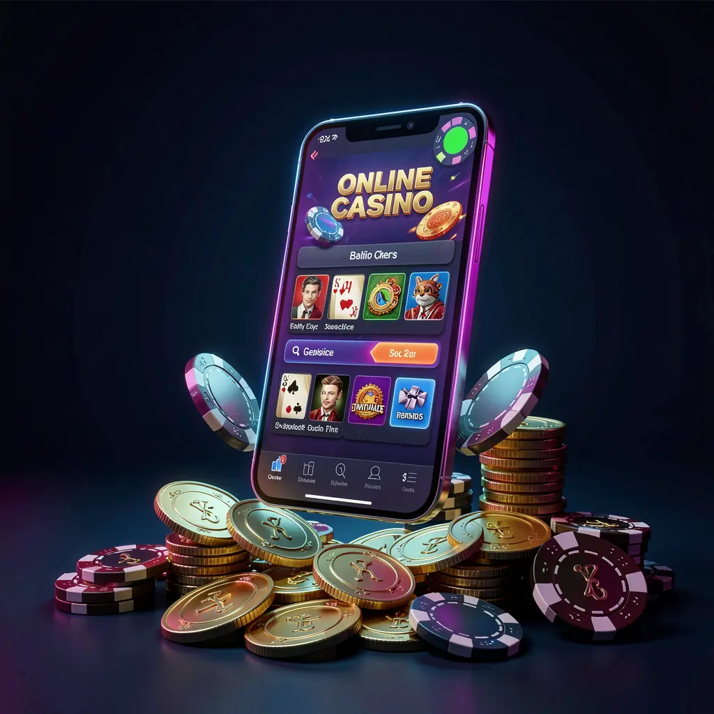 FX99 online casino app promotion banner showing a phone floating above golden coins and poker chips with a dark blue and black background and cinematic neon glow in a realistic 3D render