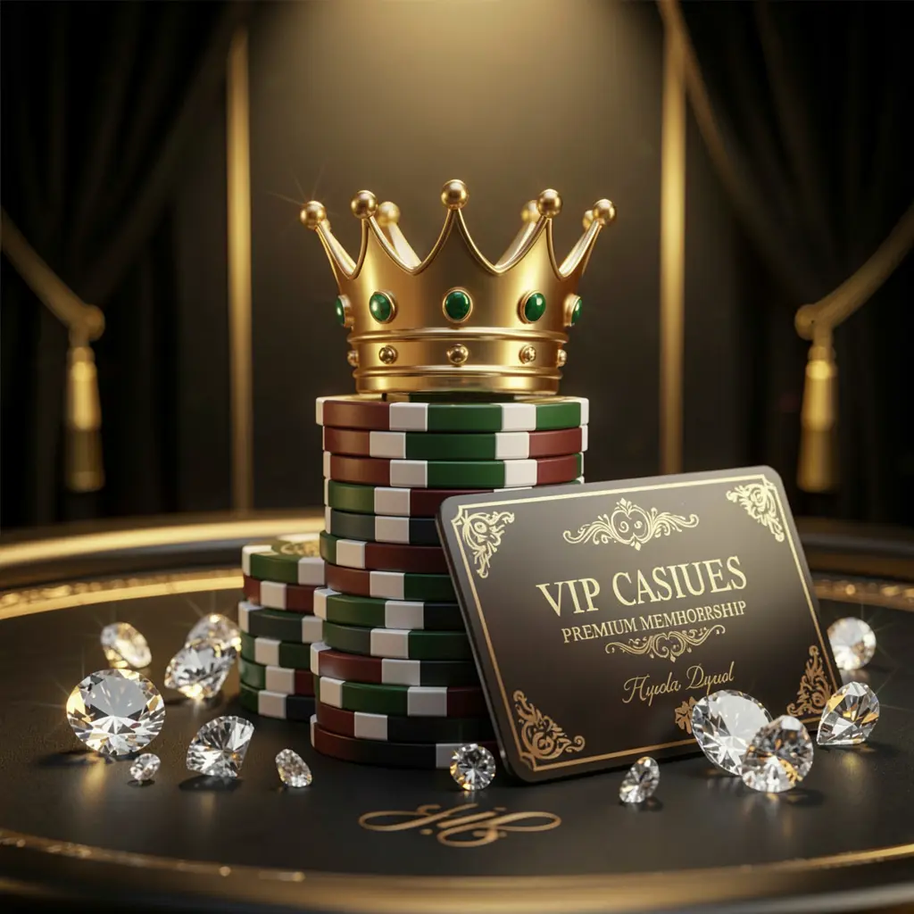 FX99 VIP casino rewards concept featuring an elegant golden crown atop poker chips with sparkling diamonds and a premium membership card against a luxury black and gold background, creating an exclusive high-end casino atmosphere
