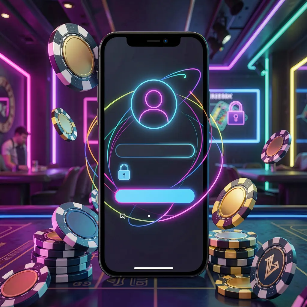 FX99 mobile gaming login page concept on a smartphone displaying an abstract login interface with user and lock icons, surrounded by casino chips and coins under luxury neon lighting