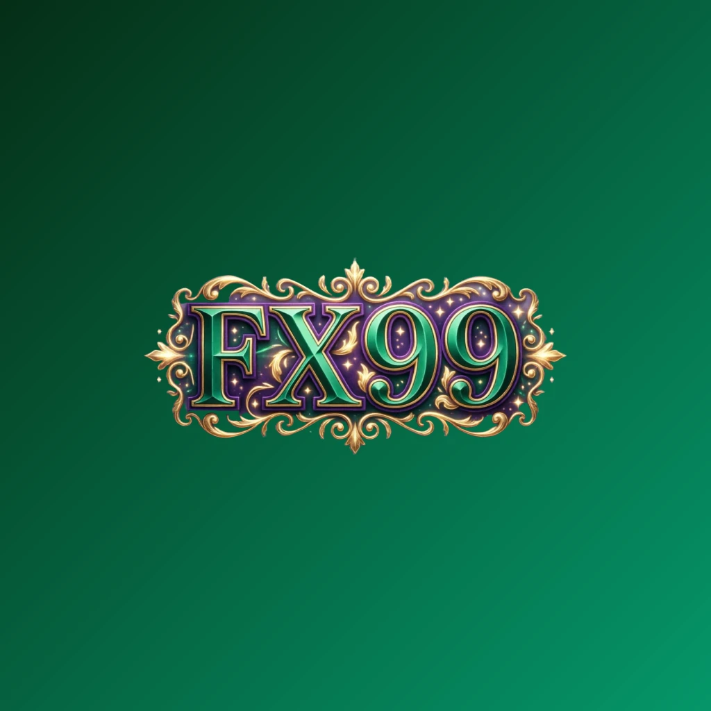Luxury colorful FX99 logo with bold serif typography in rich emerald, violet, and gold palette featuring elegant glowing ornaments on a transparent background, designed as a horizontal rectangular wordmark for a premium brand identity