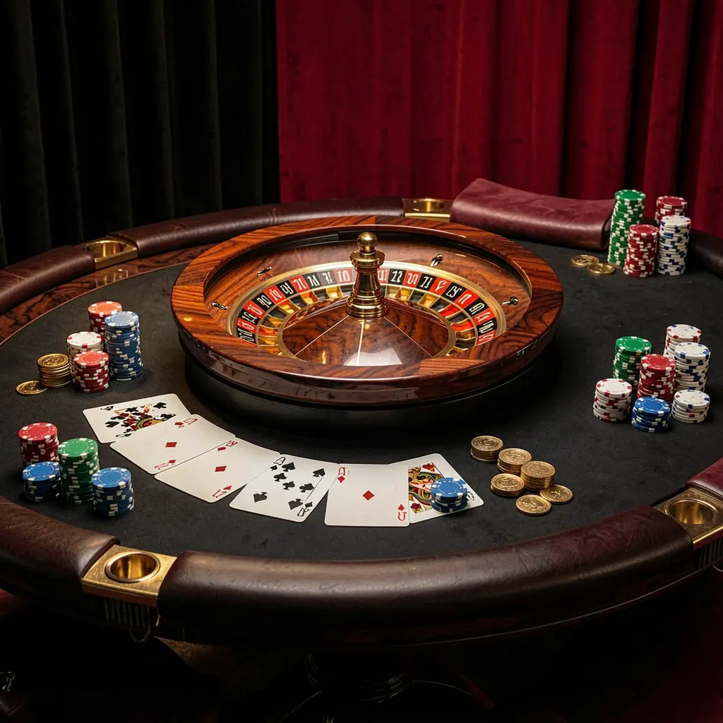 FX99 online casino platform hero image featuring an elegant gaming table with roulette wheel, blackjack cards, poker chips, and coins under luxury cinematic lighting with a black and red background